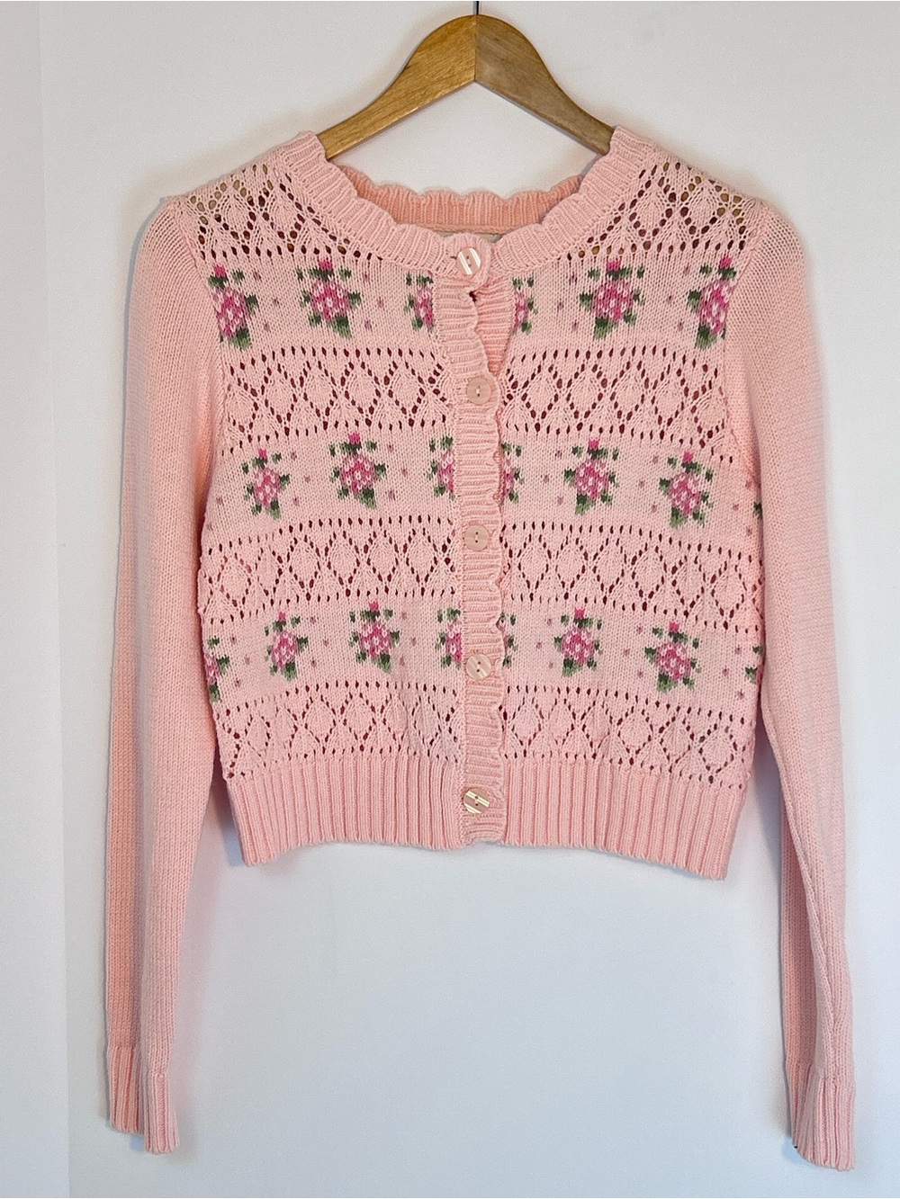 Freshman 1996 Pink Floral Pointelle Knit Cardigan Sweater